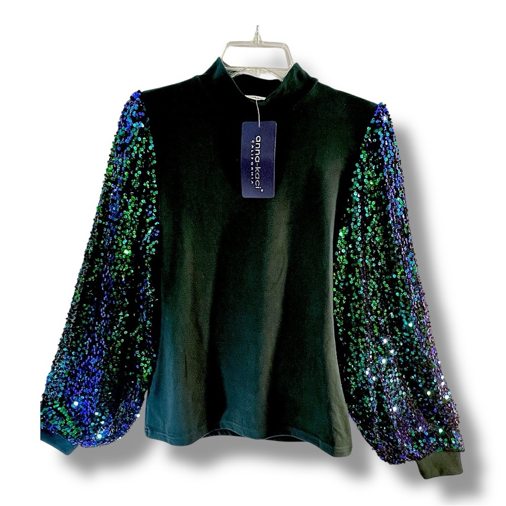 ANNA-KACI Green mock turtleneck long sheer puff sleeve purple sequins NWT SZ M
